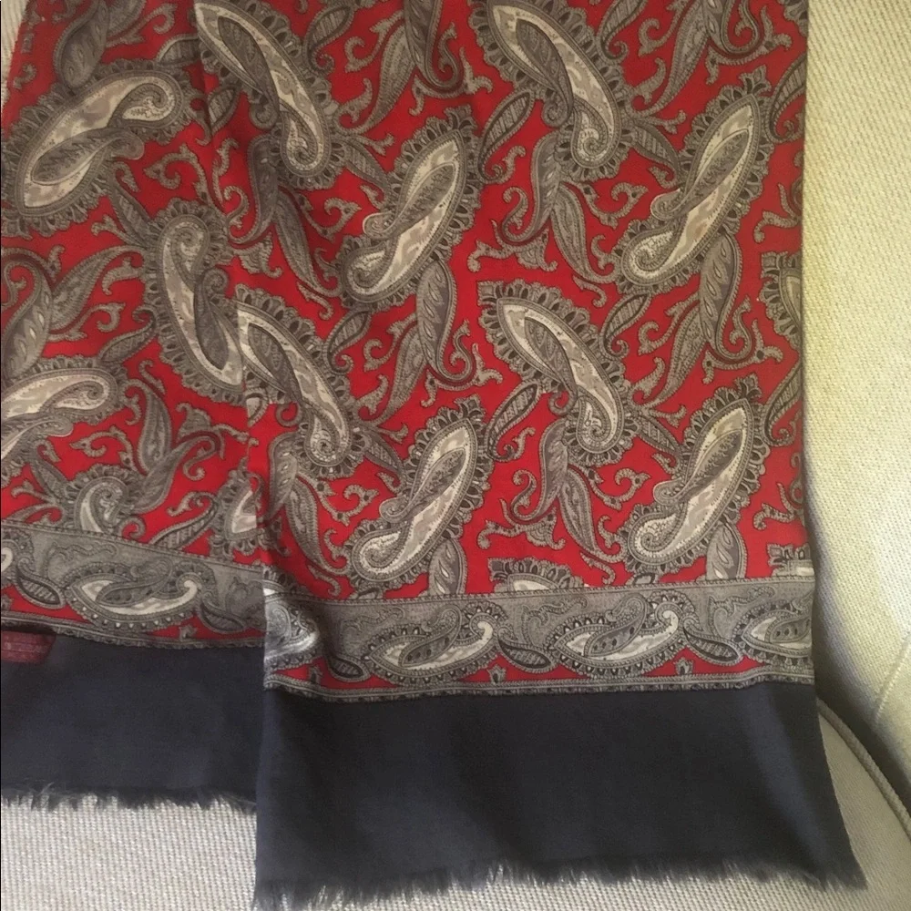 Hand printed in Switzerland Opera Wool Scarf w/ Red & Gray Paisley Design.